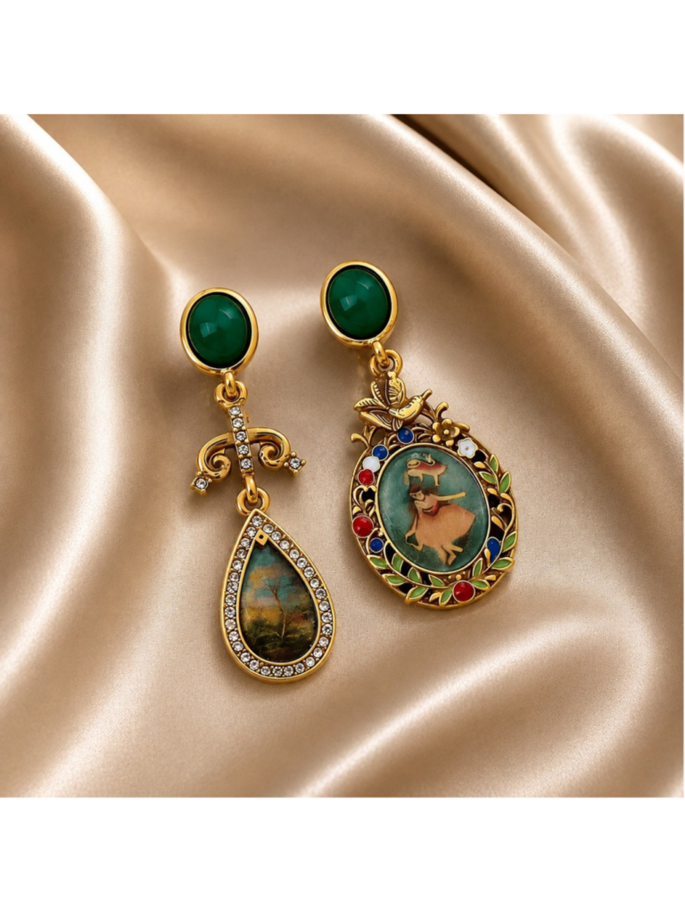 Antique Museum Earrings VTG Bird Ballerina Theater Gold Painting Flower Teardrop